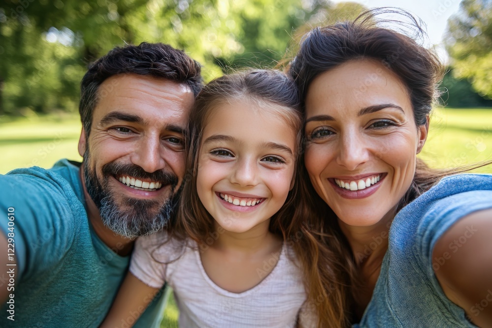 A happy family is joyfully taking a selfie together in a park A happy family is joyfully taking a selfie together in a park