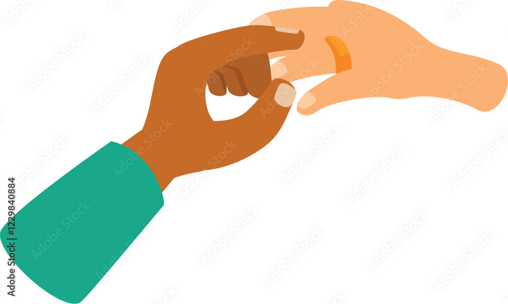 Close up of hands exchanging rings during wedding ceremony, symbolizing love and commitment Close up of hands exchanging rings during wedding ceremony, symbolizing love and commitment