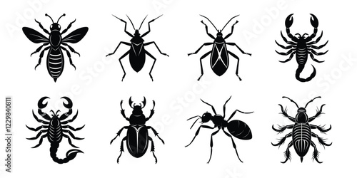 Set of insects silhouettes. Vector illustrations poisonous insects isolated on white background