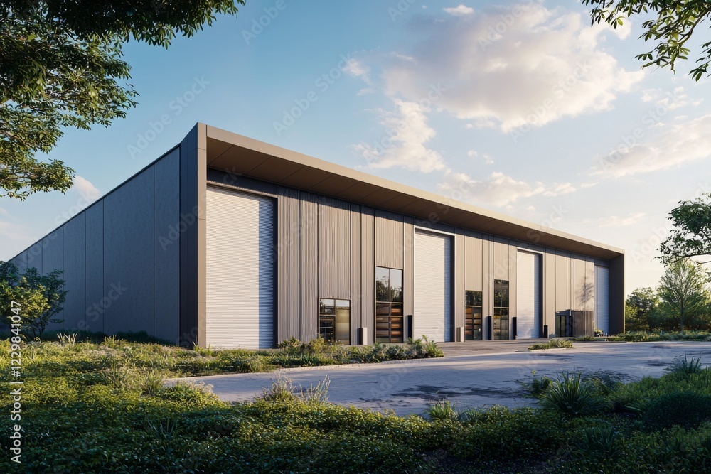modern logistics warehouse building showcasing a large roof with solar panels, wide entrances, and a functional design that emphasizes efficiency and sustainability modern logistics warehouse building showcasing a large roof with solar panels, wide entrances, and a functional design that emphasizes efficiency and sustainability