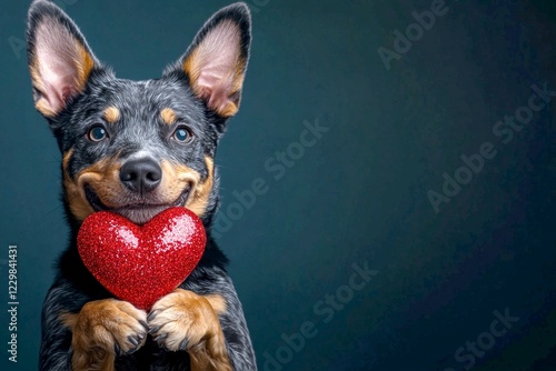 Australian cattle dog - my desired dog. Commercial creative design. Cute australian cattle dog doggy with sparkling rhinestones red heart - sign of love, funny greeting card. Love and pets. photo