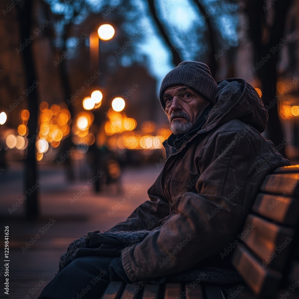 Thoughtful man sits on bench in urban park at night in winter Thoughtful man sits on bench in urban park at night in winter
