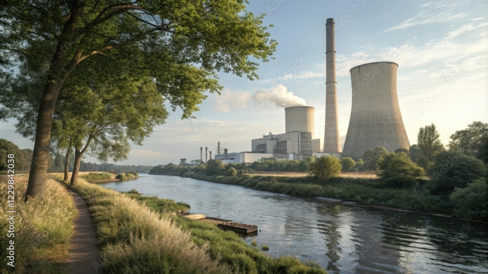 Landscape view of a coal-fired power station with trees beside the riverbank, coal power plant, industrial facility Landscape view of a coal-fired power station with trees beside the riverbank, coal power plant, industrial facility