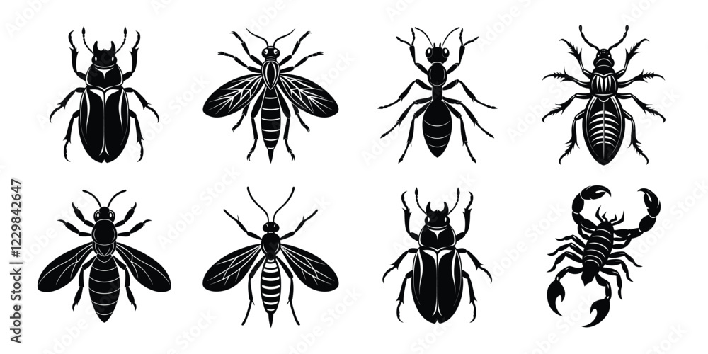 Set of insects silhouettes. Vector illustrations poisonous insects isolated on white background Set of insects silhouettes. Vector illustrations poisonous insects isolated on white background