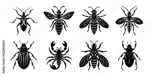 Set of insects silhouettes. Vector illustrations poisonous insects isolated on white background