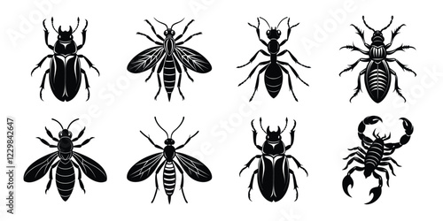 Set of insects silhouettes. Vector illustrations poisonous insects isolated on white background