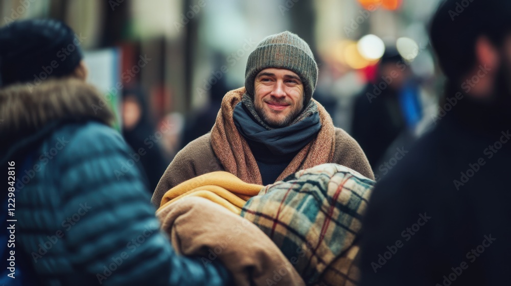 Smiling man wrapped in blankets on a busy city street in winter Smiling man wrapped in blankets on a busy city street in winter