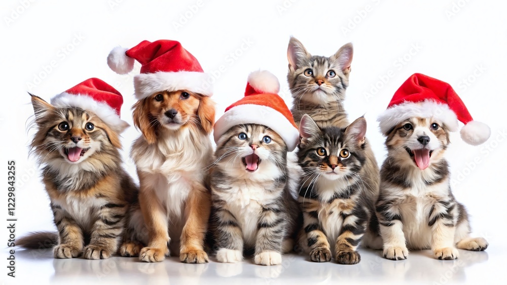 Adorable Christmas Puppies & Maine Coon Kittens in Santa Hats - Festive Panorama Stock Photo Adorable Christmas Puppies & Maine Coon Kittens in Santa Hats - Festive Panorama Stock Photo