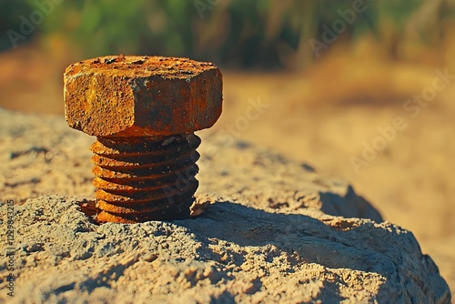 Rusted bolt sits atop weathered stone surface photo