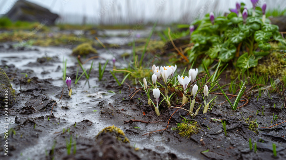 A patch of delicate crocuses peeking through the still-cold earth, surrounded by green sprouts and fresh grass
