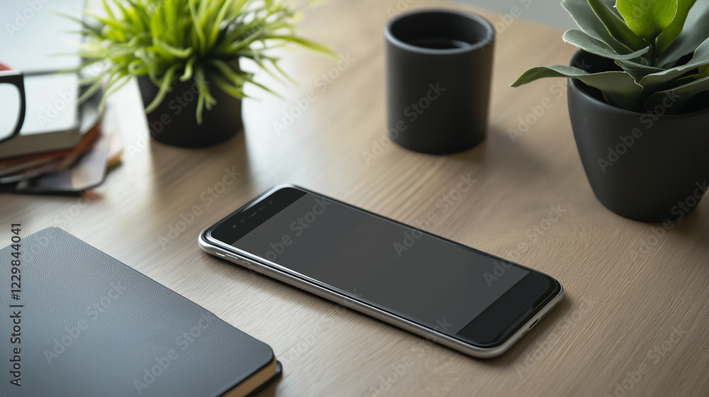 Smartphone and tablet on desk with plants. Ideal for modern workplace, digital devices, and home office. Smartphone and tablet on desk with plants. Ideal for modern workplace, digital devices, and home office.