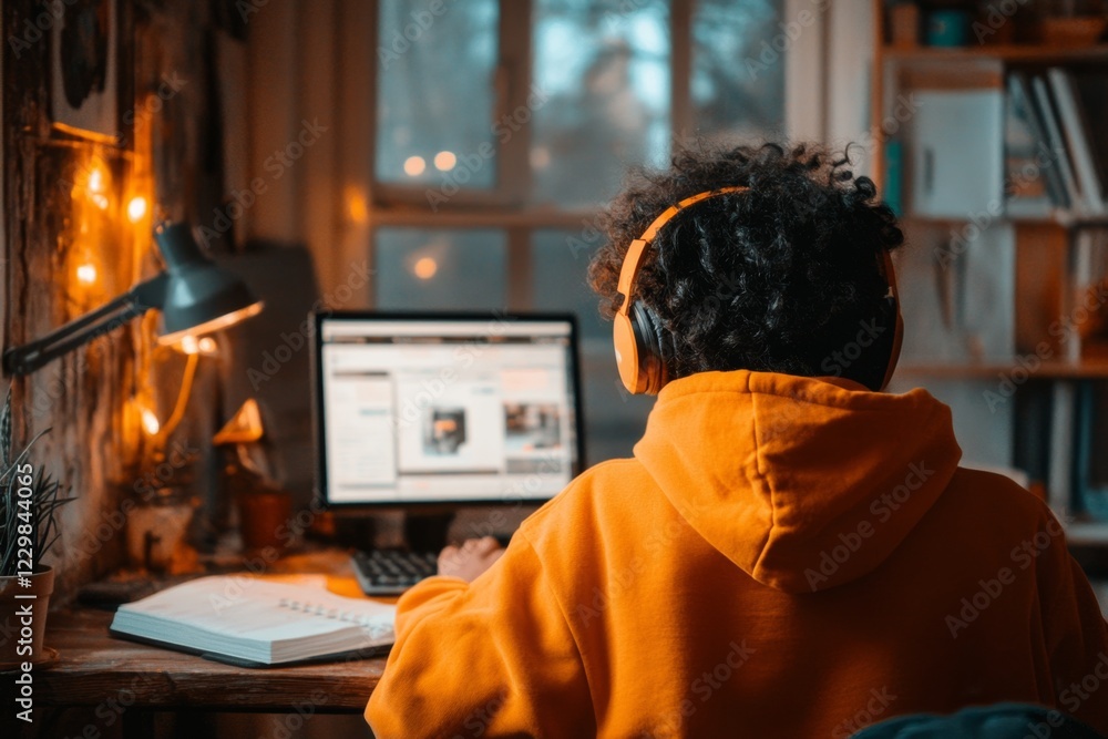 A student completing an online course, with headphones on and a focused expression, in a clean and quiet workspace A student completing an online course, with headphones on and a focused expression, in a clean and quiet workspace