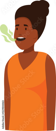 Young woman having halitosis problem exhaling bad breath with green cloud, symptom of gum disease or poor oral hygiene
