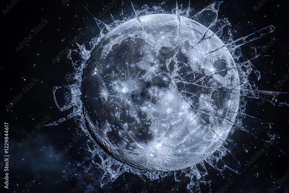 Obraz premium A surreal lunar landscape featuring a shattered moon on a desolate surface with a backdrop of swirling clouds and stars