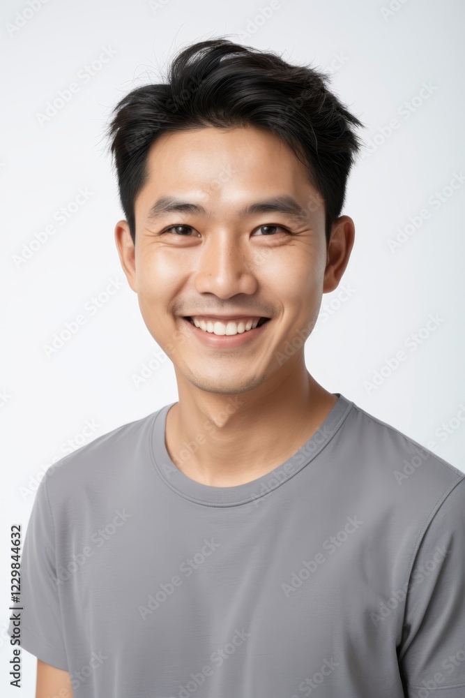 smiling asian man with short black hair and gray shirt smiling asian man with short black hair and gray shirt