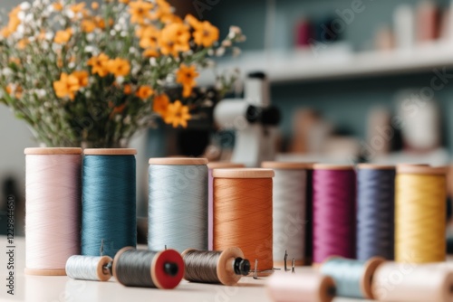 A tailor examining fabric swatches pertaining to a custom design for a client, in a studio filled with spools of thread and sewing machines photo