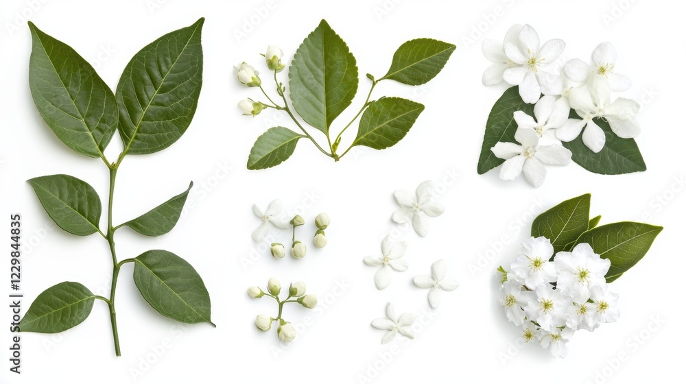 Obraz premium White Flowers & Green Leaves Flatlay - Flatlay Photography