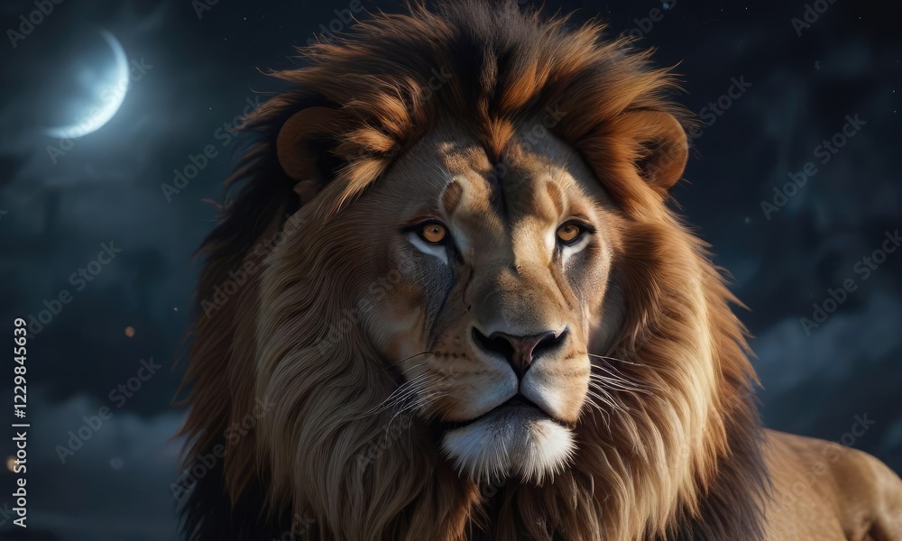 Naklejka premium Majestic lion with its mane on a moonlit night , powerful, animal, large cat