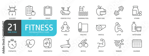 Set of line icons related to fitness, gym, wellness. Outline icons collection. Editable stroke. Vector illustration.