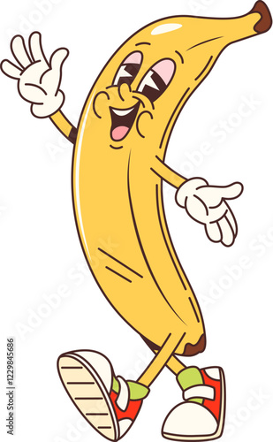 Groovy retro banana fruit funny character. Ripe tropical fruit or healthy nutrition sweet snack isolated groovy vector cute personage. Whole banana cheerful walking mascot or funny retro character