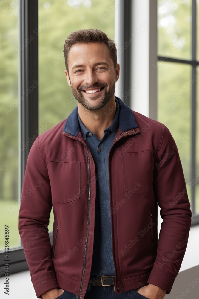 Obraz premium smiling man in a red jacket and blue shirt standing in front of a window