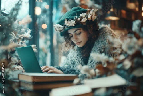 A writer typing fluently on a laptop, with a desk covered in neatly arranged notes and inspirational books, symbolizing literary proficiency