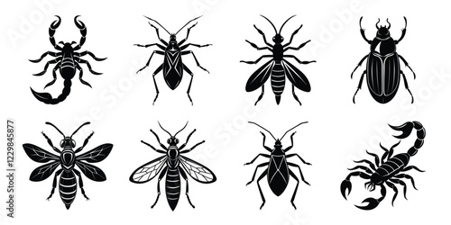 Set of insects silhouettes. Vector illustrations poisonous insects isolated on white background