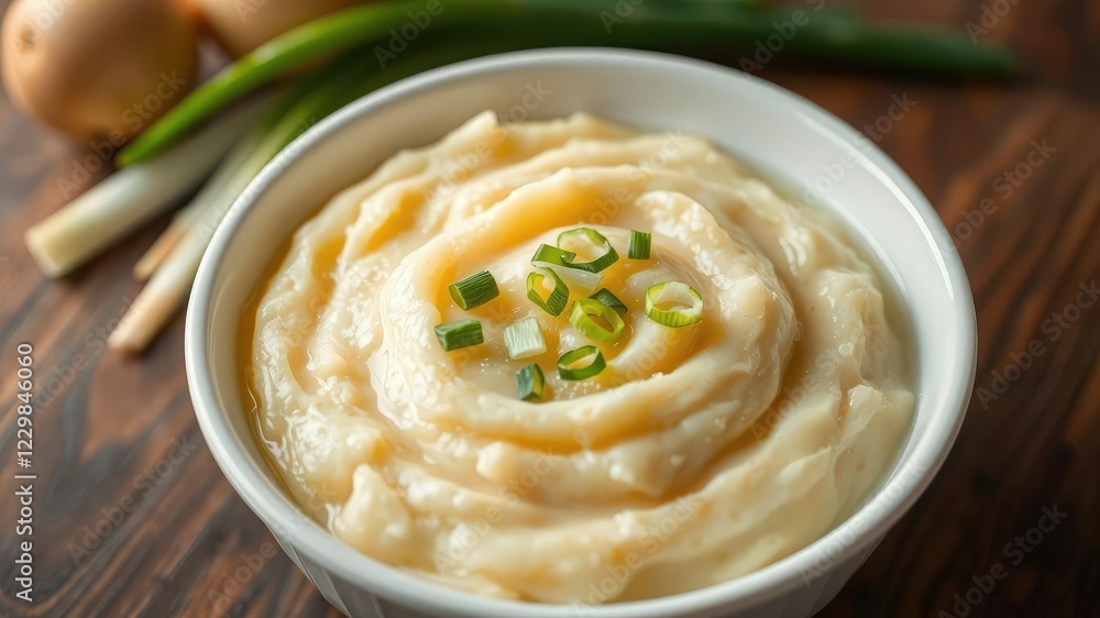 Mashed potato soup in a white melamine bowl garnished with sliced scallions, modern kitchen, fresh flavors Mashed potato soup in a white melamine bowl garnished with sliced scallions, modern kitchen, fresh flavors