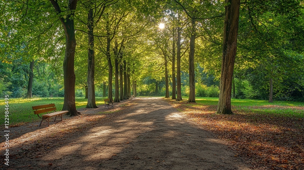 Naklejka premium Serene Sunlit Pathway in a Lush Green Park