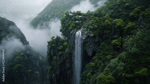 A cascading waterfall surrounded by lush greenery and mist.