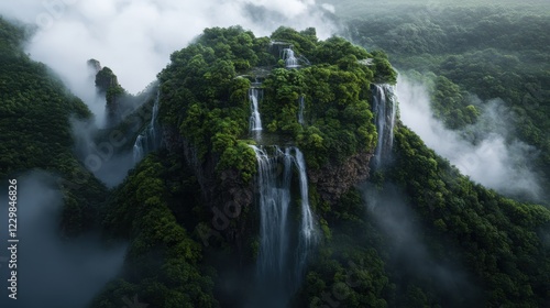 A cascading waterfall surrounded by lush greenery and mist.