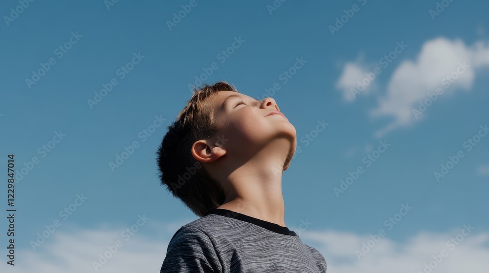 A young boy gazes upward against a clear blue sky, capturing a moment of wonder and innocence beneath the vast expanse. A young boy gazes upward against a clear blue sky, capturing a moment of wonder and innocence beneath the vast expanse.