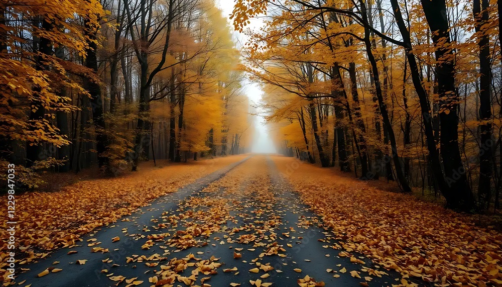 Fototapeta premium Autumn Road Through Golden Forest Trees