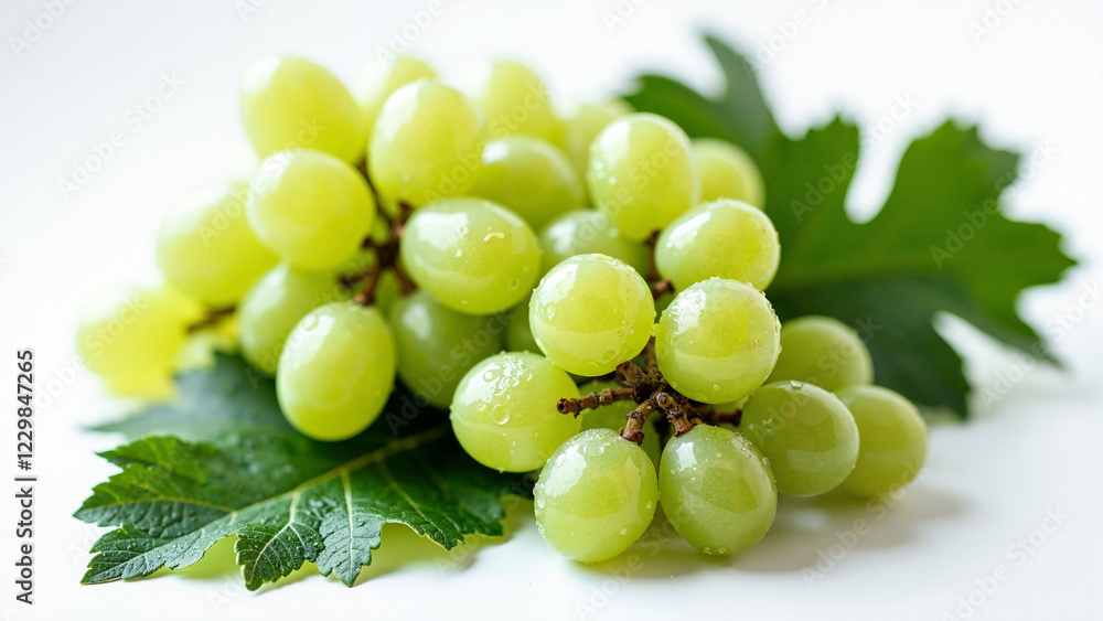 Fresh Green Grapes with Morning Dew on White Background for Health Blogs, Food Marketing, and Grocery Ads Fresh Green Grapes with Morning Dew on White Background for Health Blogs, Food Marketing, and Grocery Ads