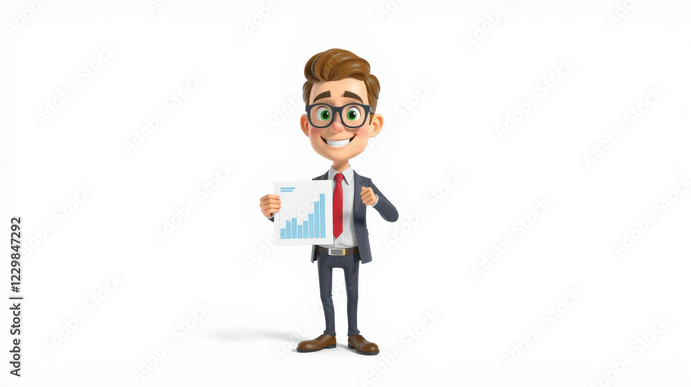 cheerful 3D cartoon manager presenting growth chart, showcasing success and positivity. Ideal for business and finance themes cheerful 3D cartoon manager presenting growth chart, showcasing success and positivity. Ideal for business and finance themes
