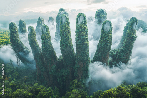 Unique giant hands emerge from a foggy forest landscape, blending nature and artistry in a surreal display of creativity