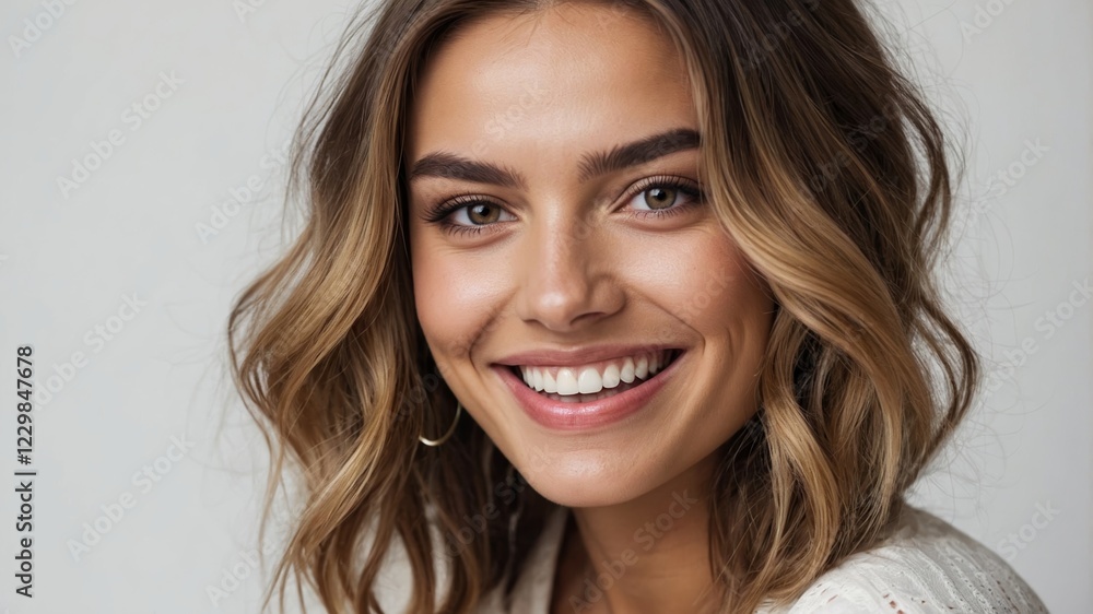 Naklejka premium A young woman with a radiant smile and light brown, wavy hair looks directly at the camera.