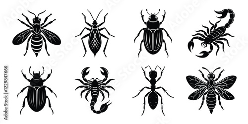 Set of insects silhouettes. Vector illustrations poisonous insects isolated on white background