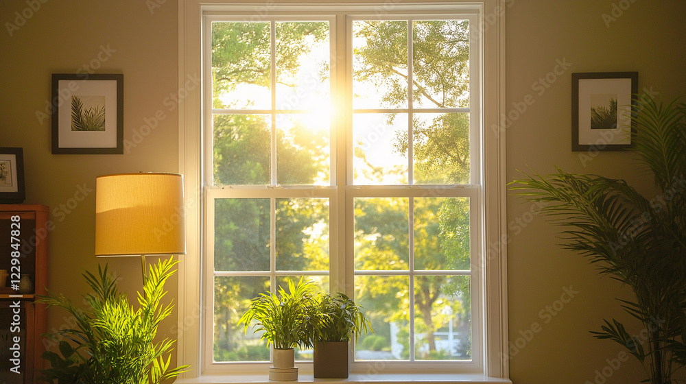 Fototapeta premium Sunlit window with indoor plants and warm atmosphere. Ideal for home interior, natural lighting and cozy lifestyle content.