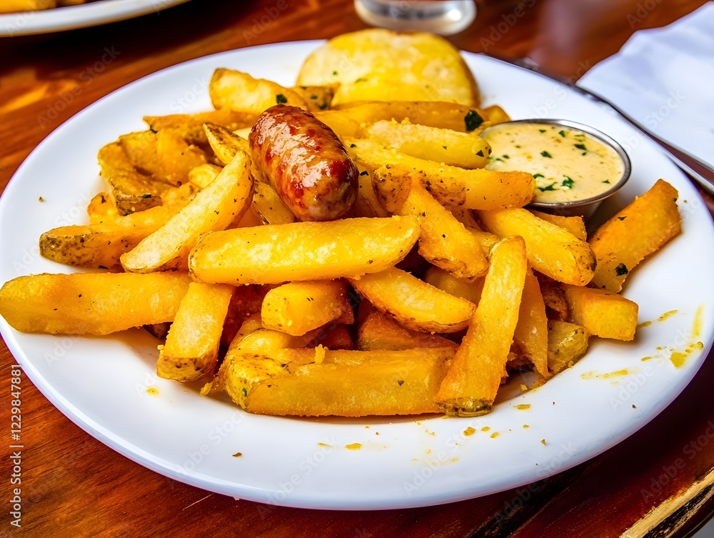 Delicious Sausage with crispy french fries fast food dinner meal dish food Delicious Sausage with crispy french fries fast food dinner meal dish food