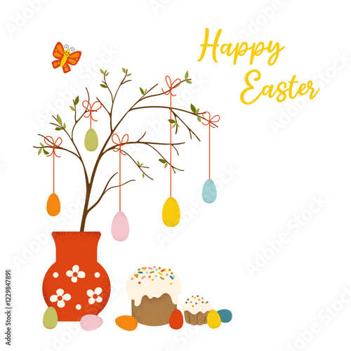 Square card with text for Happy Easter. Colorful vector illustration with hand drawn textured butterfly, vase, decoration, colored eggs and cakes with sprinkles. Template for poster, invitation, cover