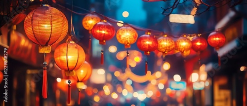 Vibrant lanterns illuminating the evening street.