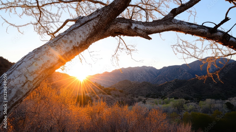A tree's stark branches frame the setting sun over a serene landscape, creating a striking silhouette against the twilight sky. A tree's stark branches frame the setting sun over a serene landscape, creating a striking silhouette against the twilight sky.