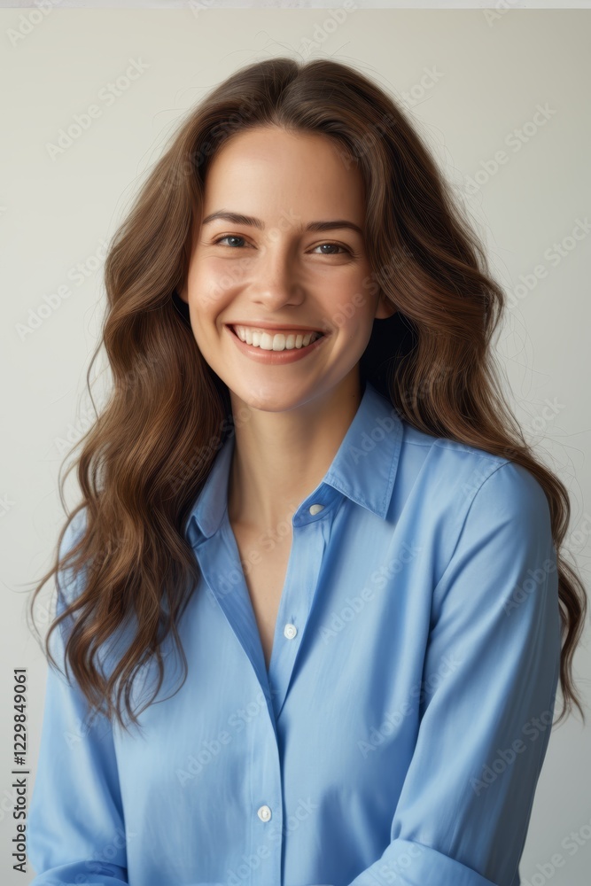 smiling woman with long brown hair wearing blue shirt and white shirt smiling woman with long brown hair wearing blue shirt and white shirt