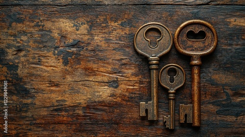 A collection of vintage keys resting on a rustic wooden table, showcasing intricate designs and aged textures