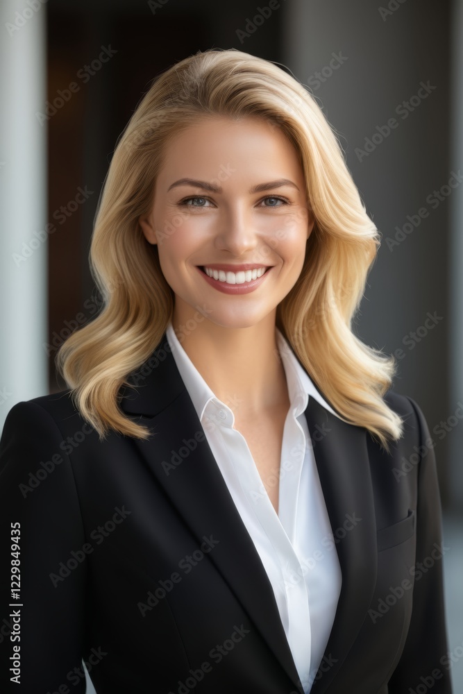 blonde woman in a black suit smiling at the camera blonde woman in a black suit smiling at the camera