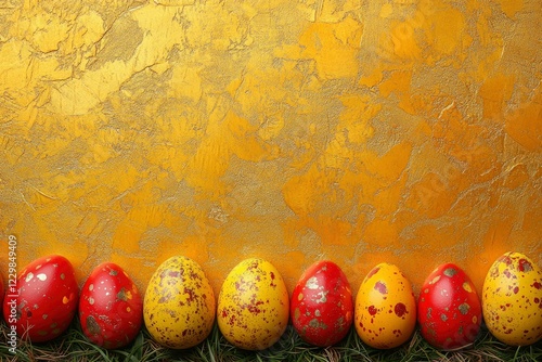 Colorful Easter Eggs on Bright Yellow Background for Festive Celebrations and Themes photo