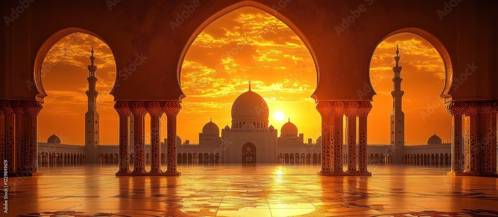 Naklejka premium Sunset Mosque Archway Travel Poster