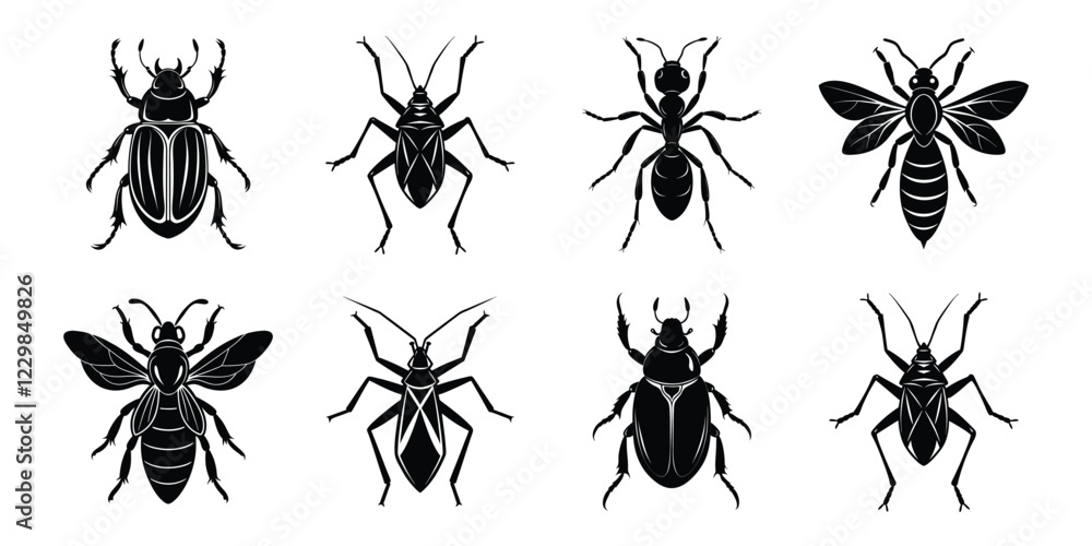Set of insects silhouettes. Vector illustrations poisonous insects isolated on white background Set of insects silhouettes. Vector illustrations poisonous insects isolated on white background