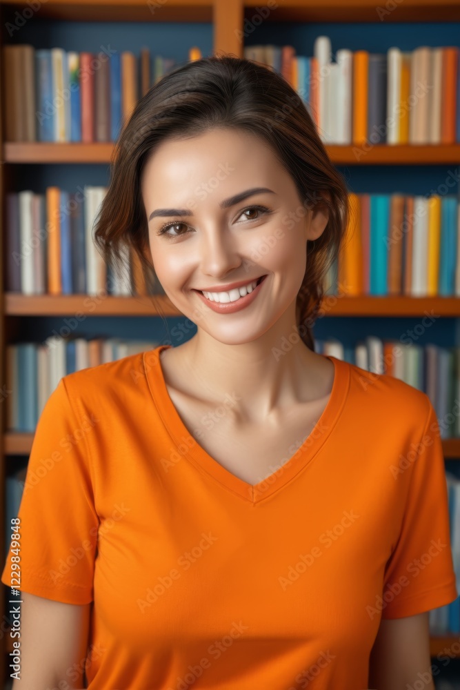 smiling woman in orange shirt in front of bookshelves with books smiling woman in orange shirt in front of bookshelves with books